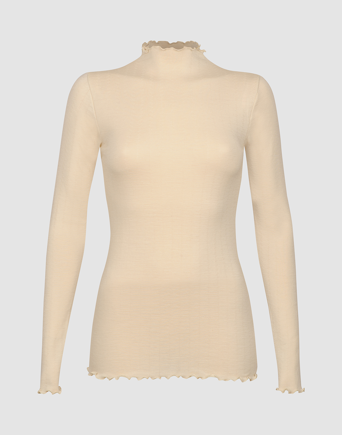Damen pointelle Shirt mit Stehkragen aus Merinowolle/ Seide