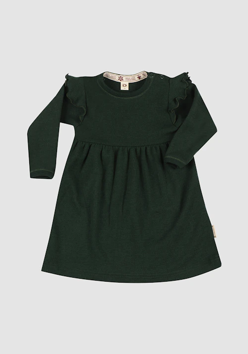 Kjole med rysjer i merinoull til baby