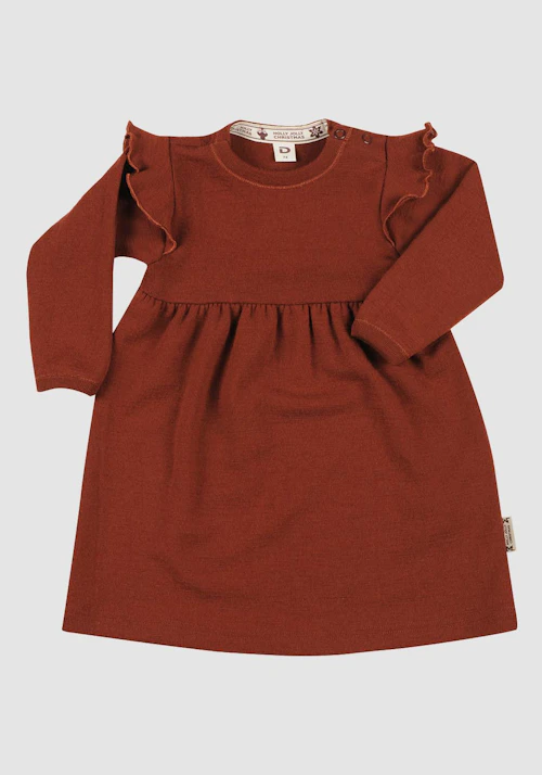 Kjole med rysjer i merinoull til baby