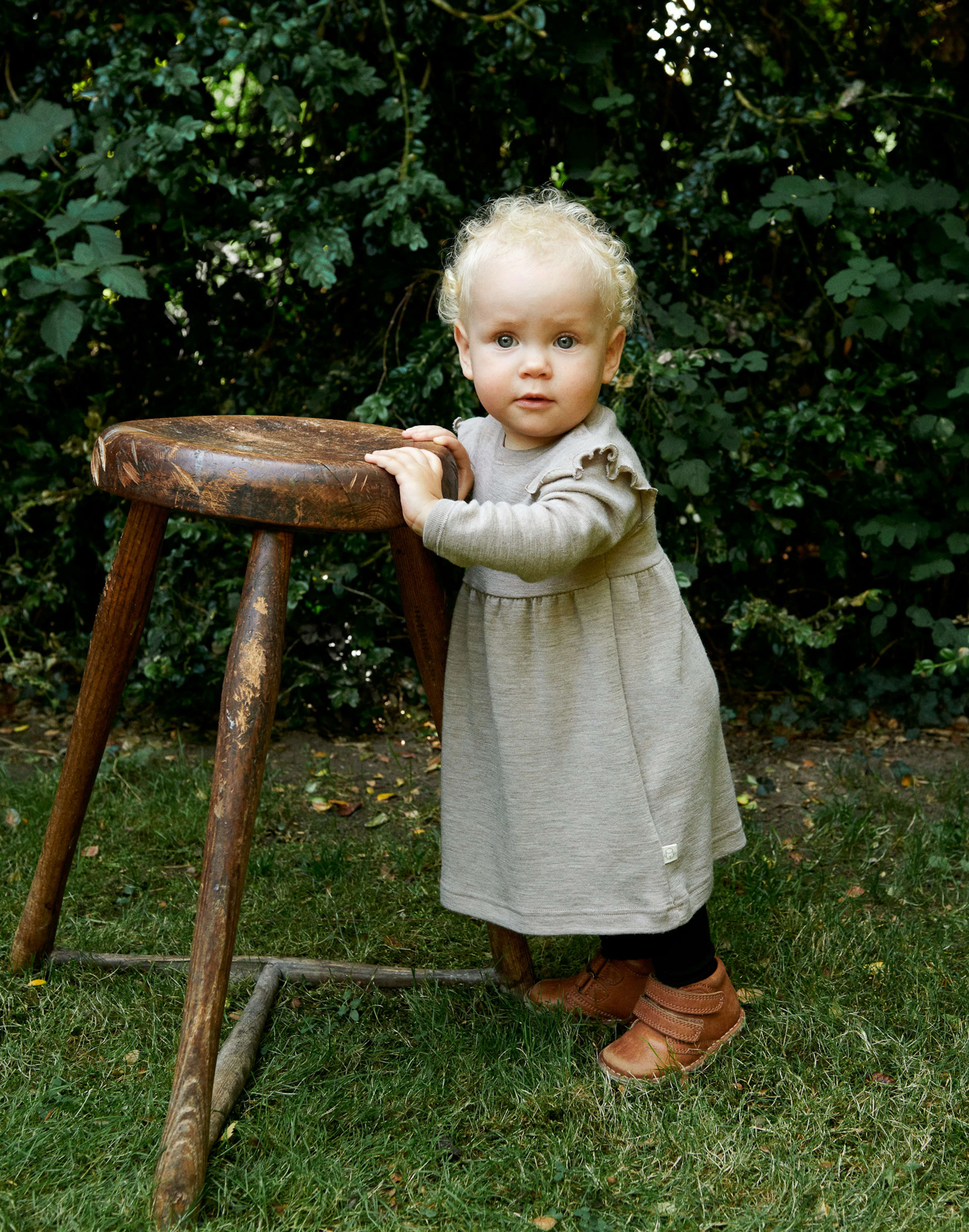 Jurk met ruches van merinowol voor baby's Beigemelange