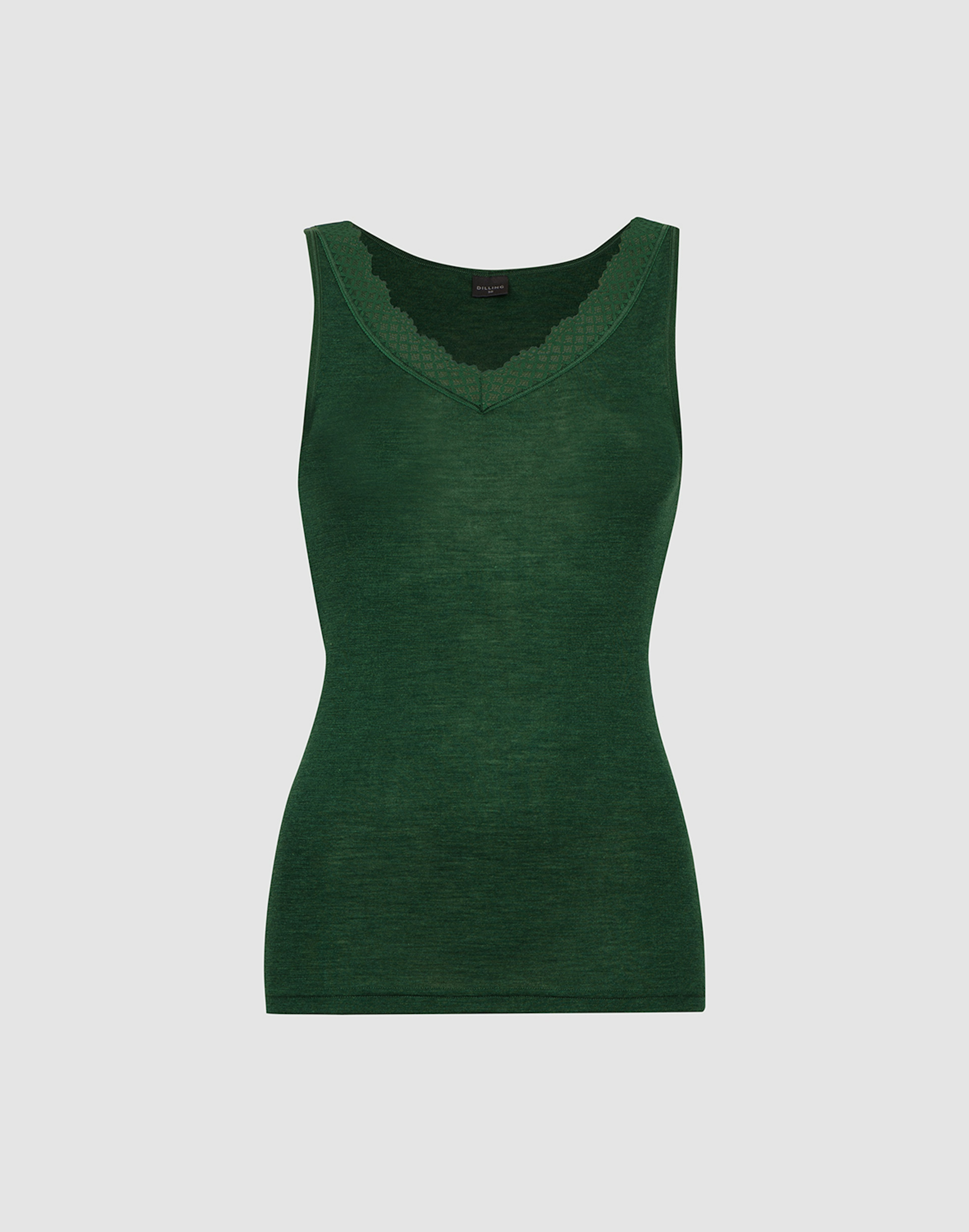 Tanktopp i merinoull/silke med blondekant til dame Skoggrønn