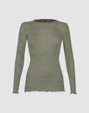 Women's merino wool/silk long sleeve top with frilled edges Jade green