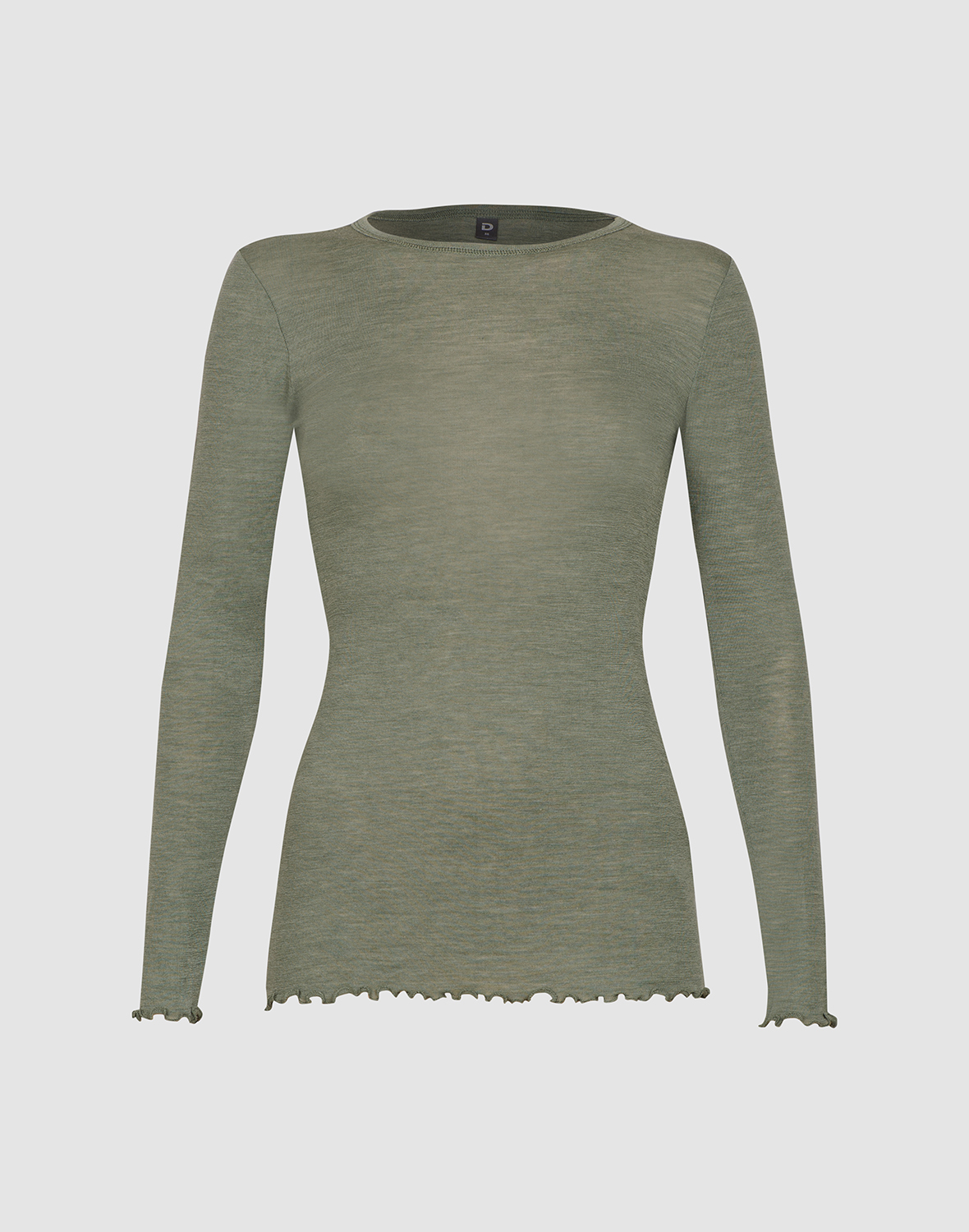 Women's merino wool/silk long sleeve top with frilled edges