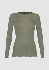 Women's merino wool/silk long sleeve top with frilled edges