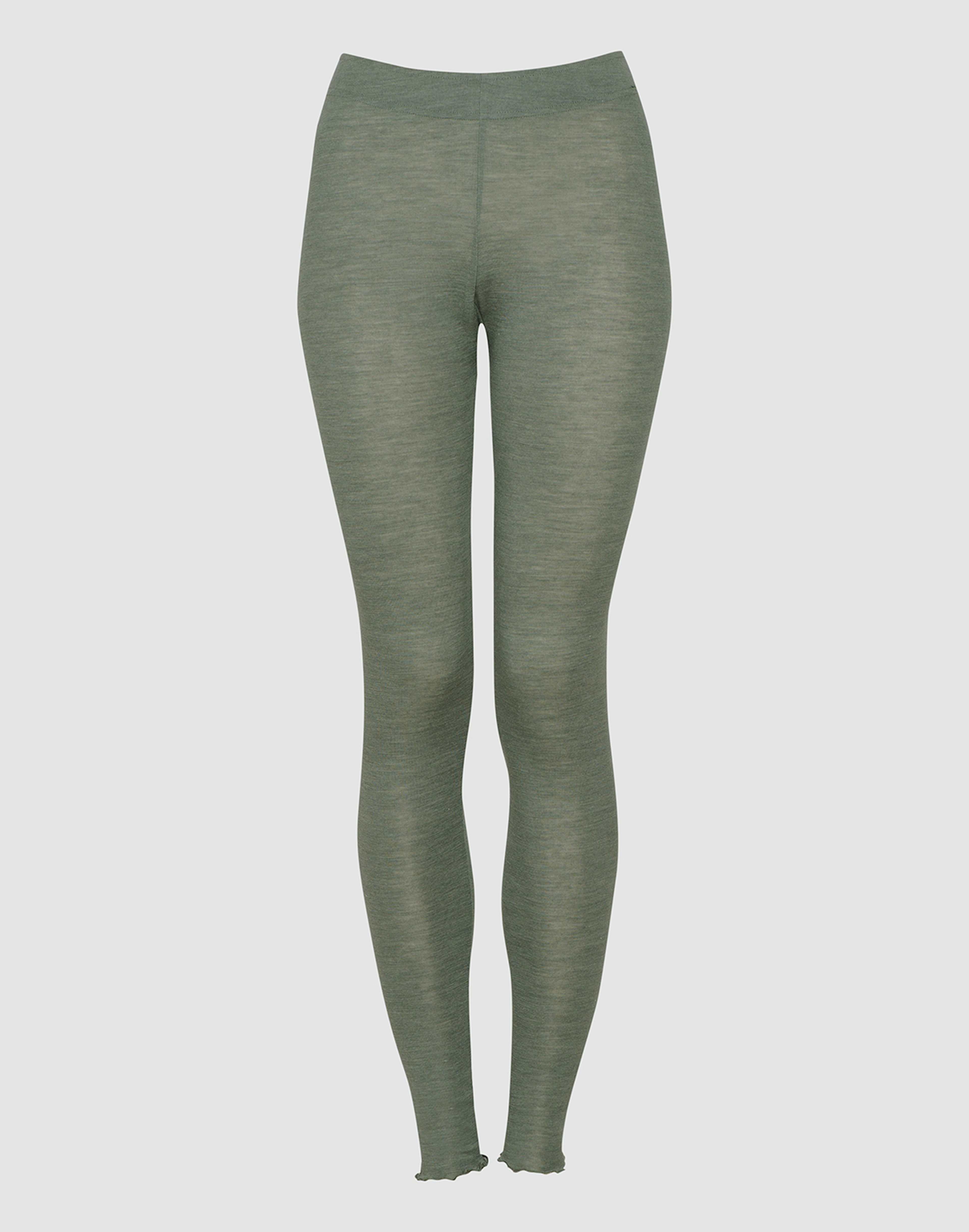 Women's merino wool/silk leggings with frilled edges Jade green
