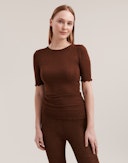 Pointelle T-shirt van merinowol/zijde voor dames Mokka