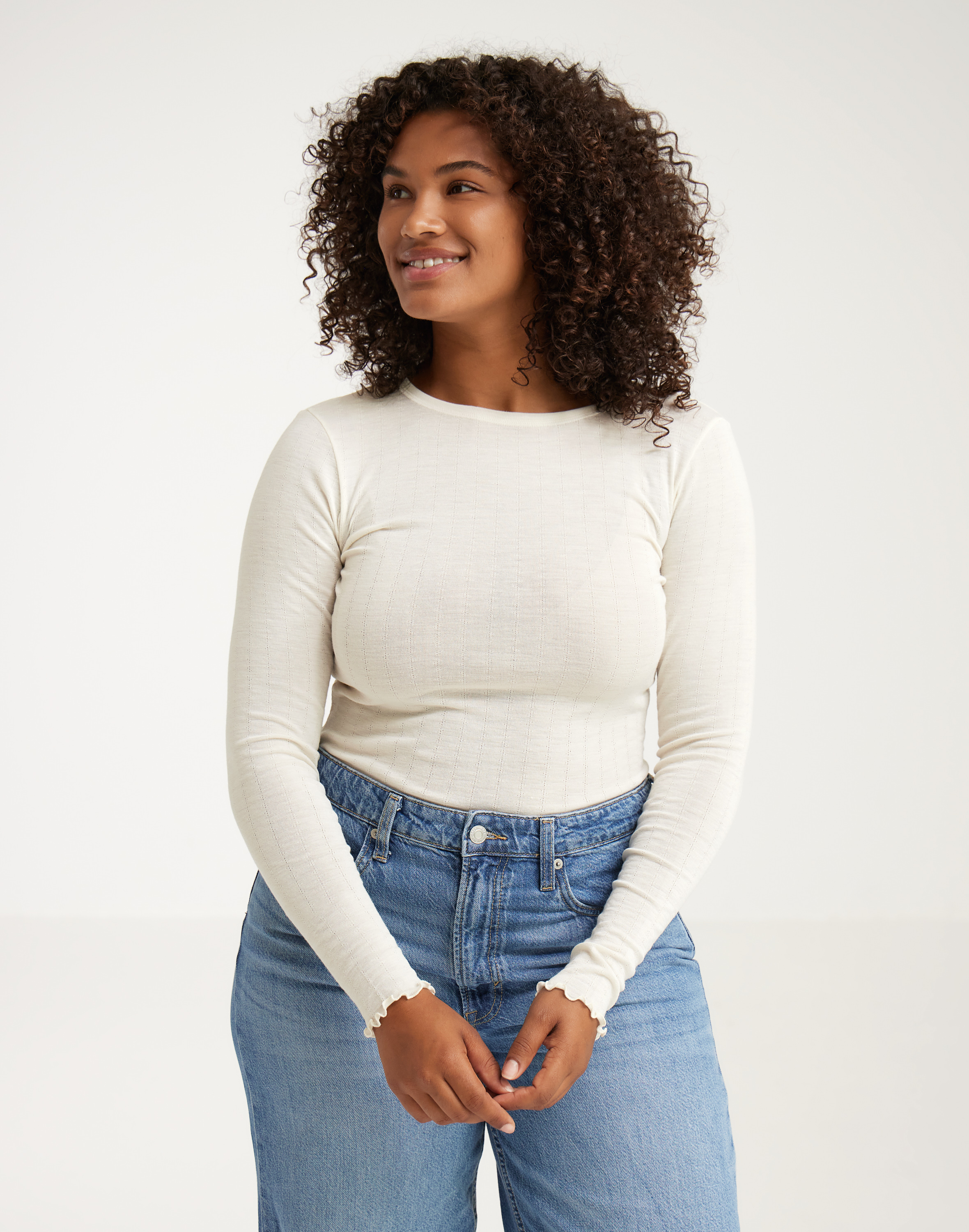 Women's merino wool/silk long sleeve pointelle top - Dilling