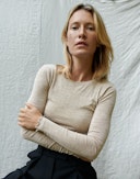 Women's merino wool/silk long sleeve pointelle top Oatmeal