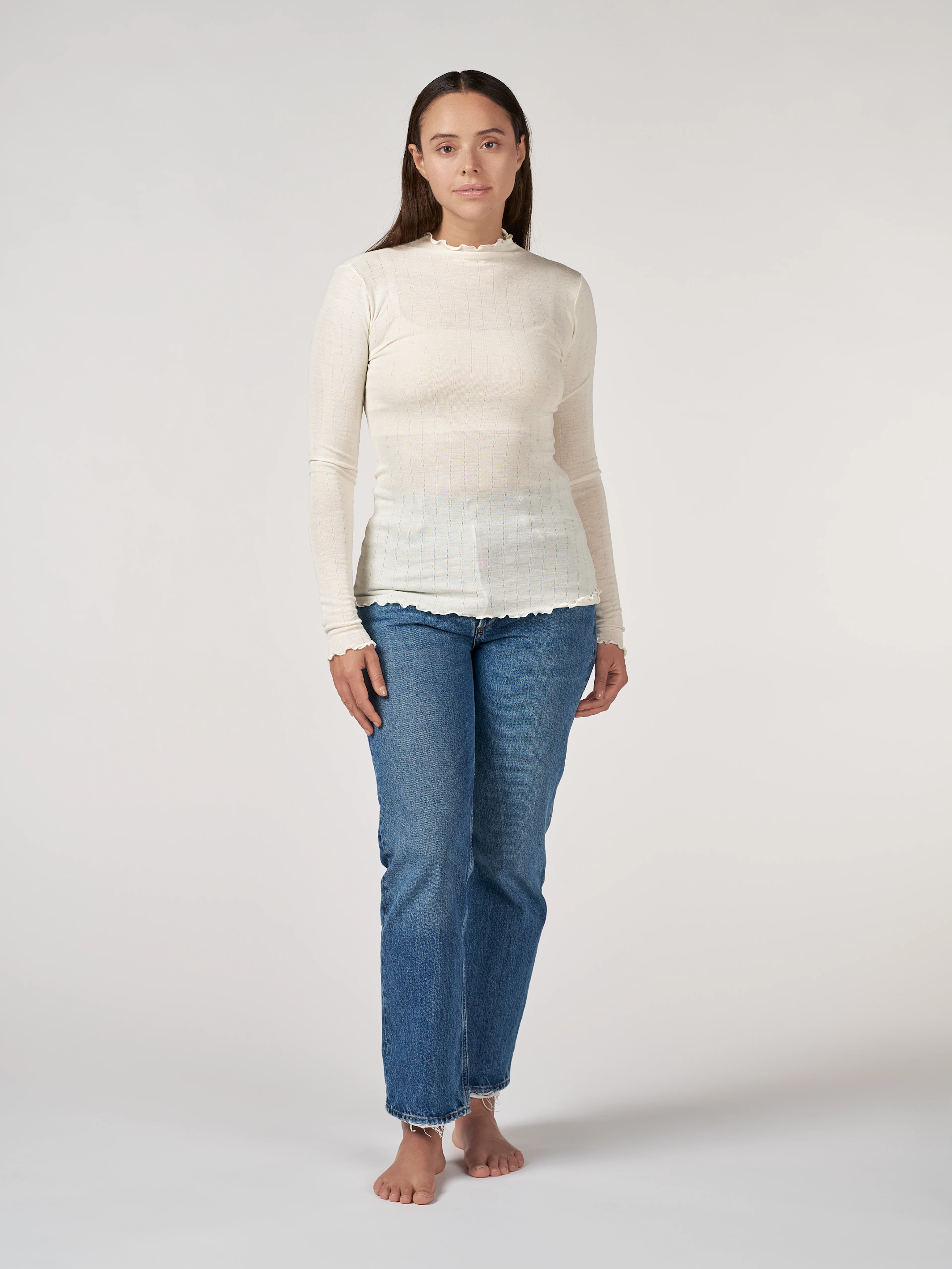 Women's merino wool/silk pointelle high neck top - Free shipping