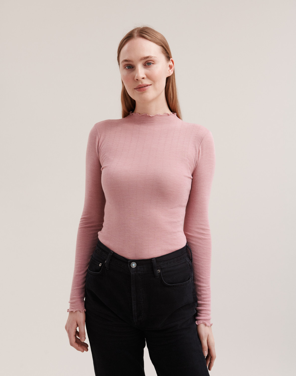 Women's merino wool/silk pointelle high neck top - Free shipping