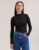 Pointelle shirt met hoge hals van merinowol/zijde voor dames Zwart