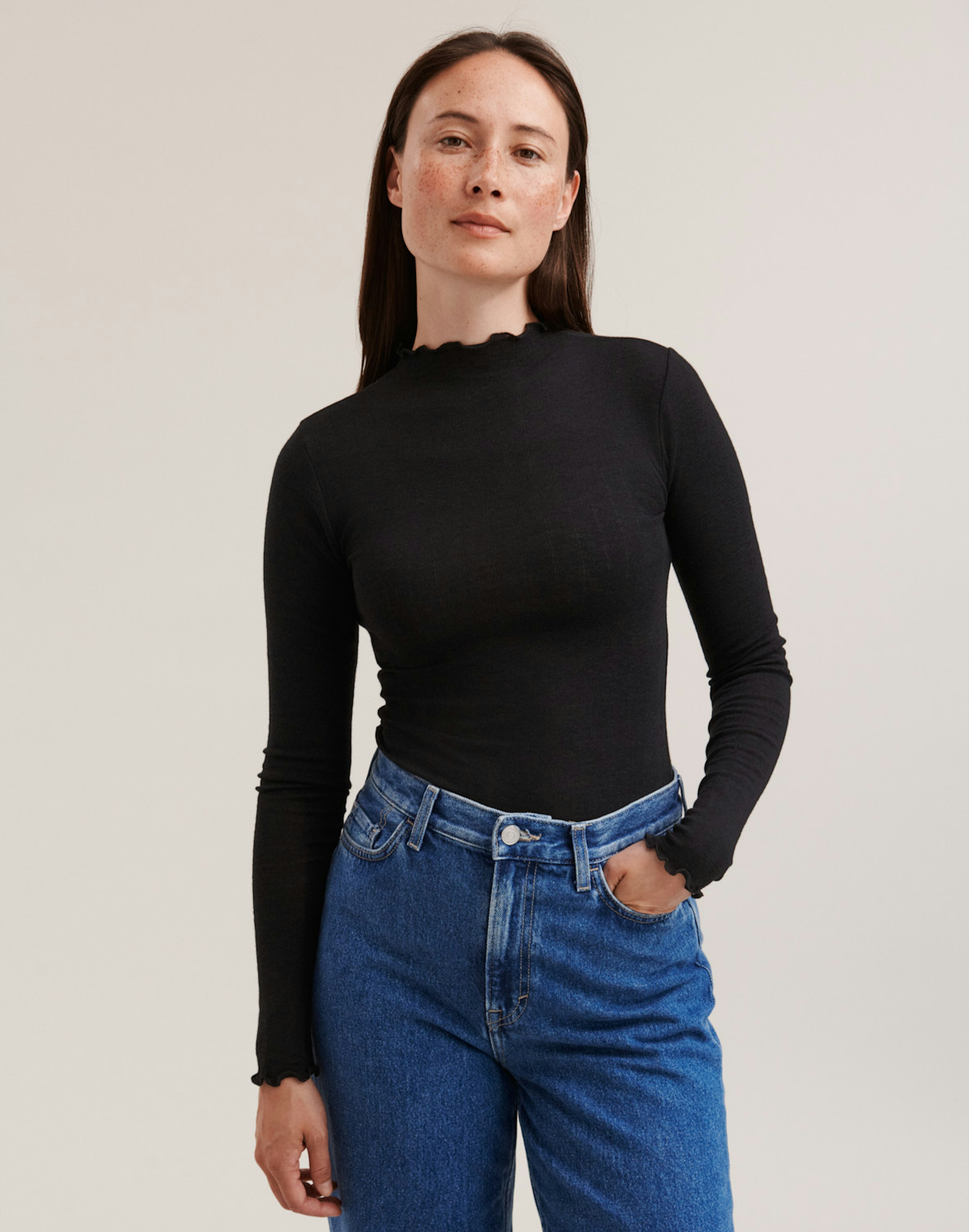 Pointelle shirt met hoge hals van merinowol/zijde voor dames Zwart