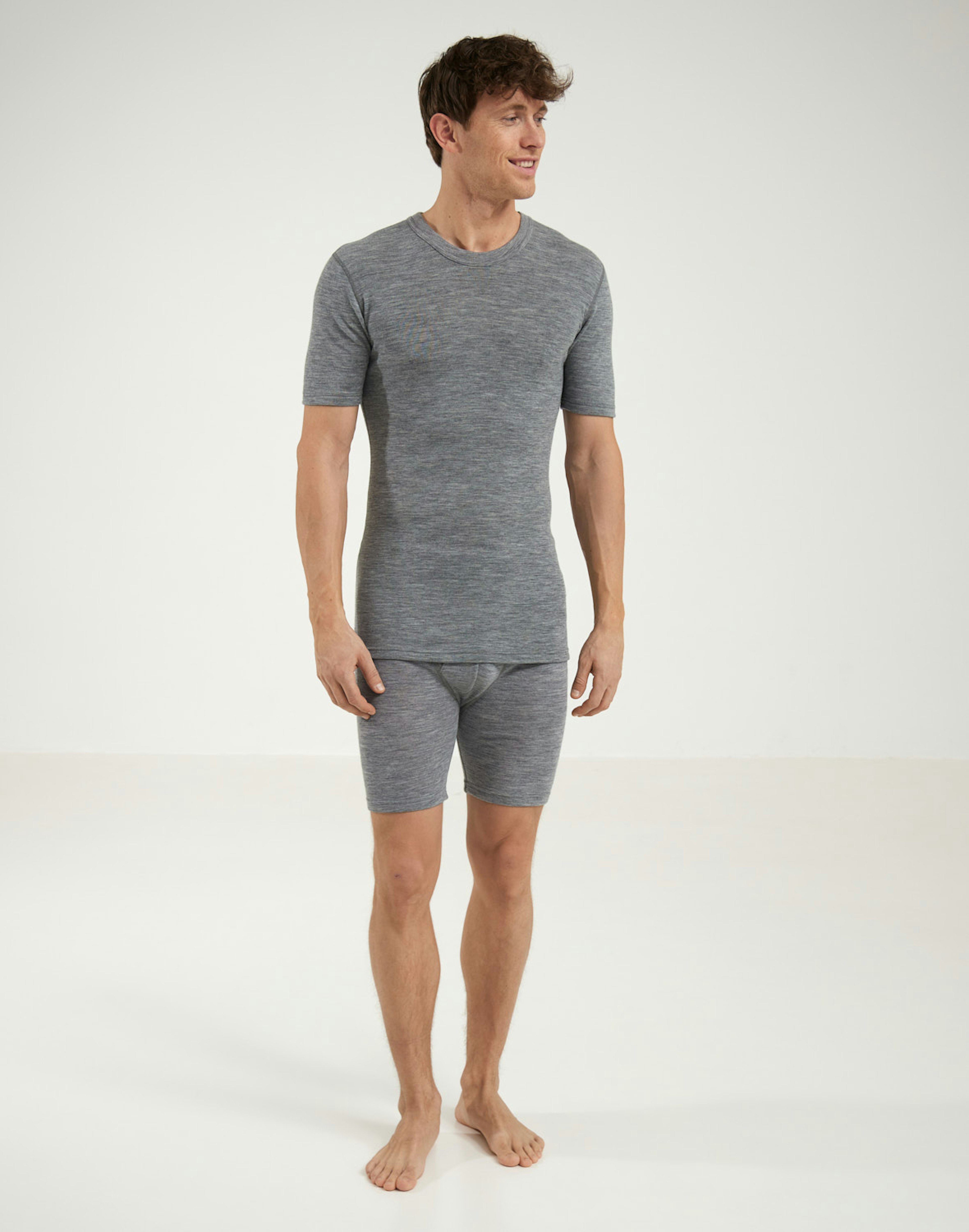 Men's merino wool long boxer shorts with fly Grey melange