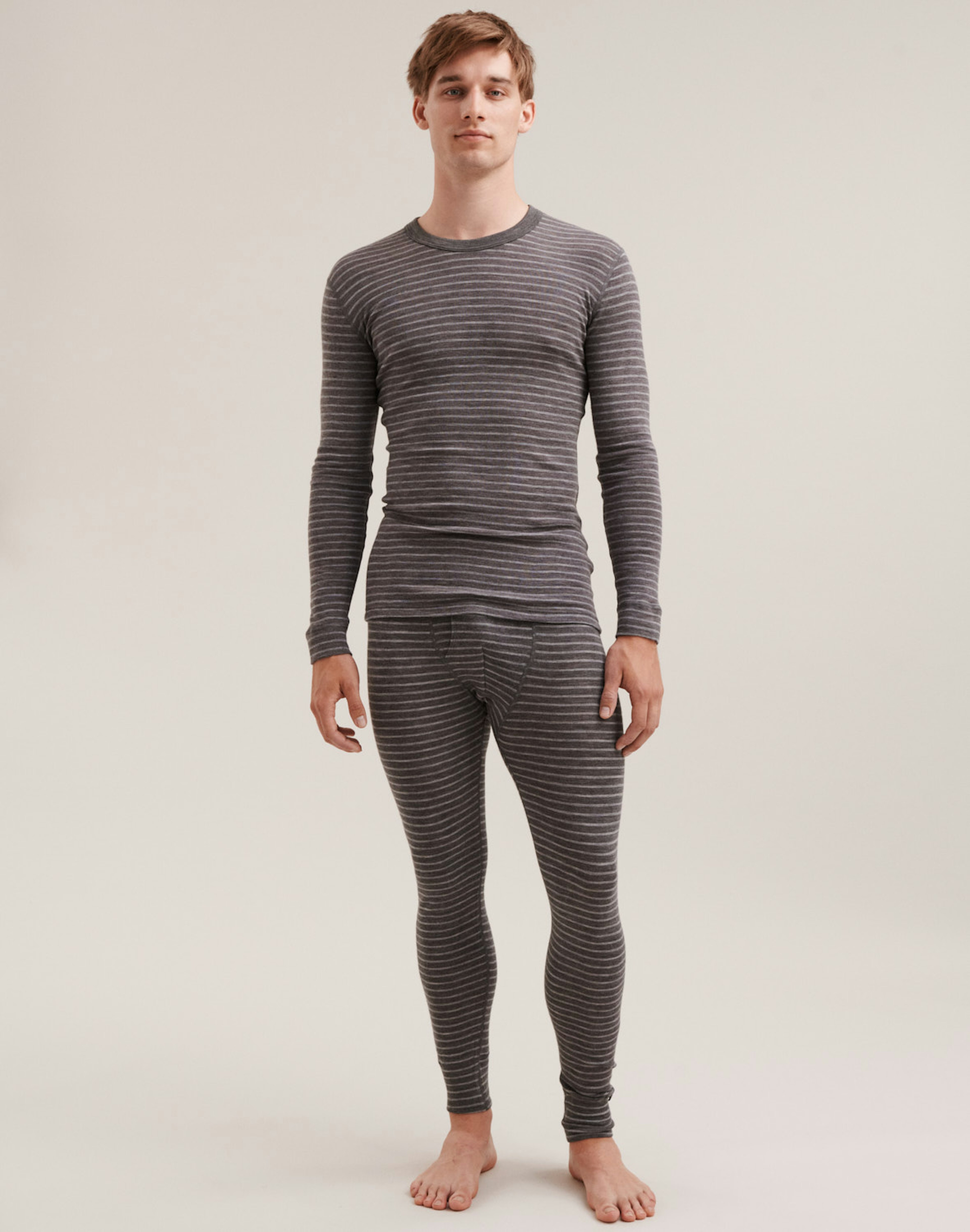 Men's merino wool long johns with fly Grey striped